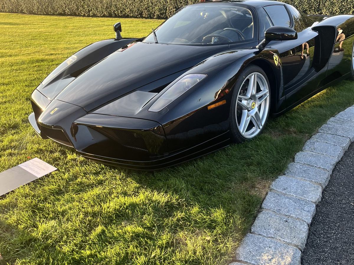 A black Ferrari Enzo parked on a lawn beside a stone curb, with a display placard on the grass