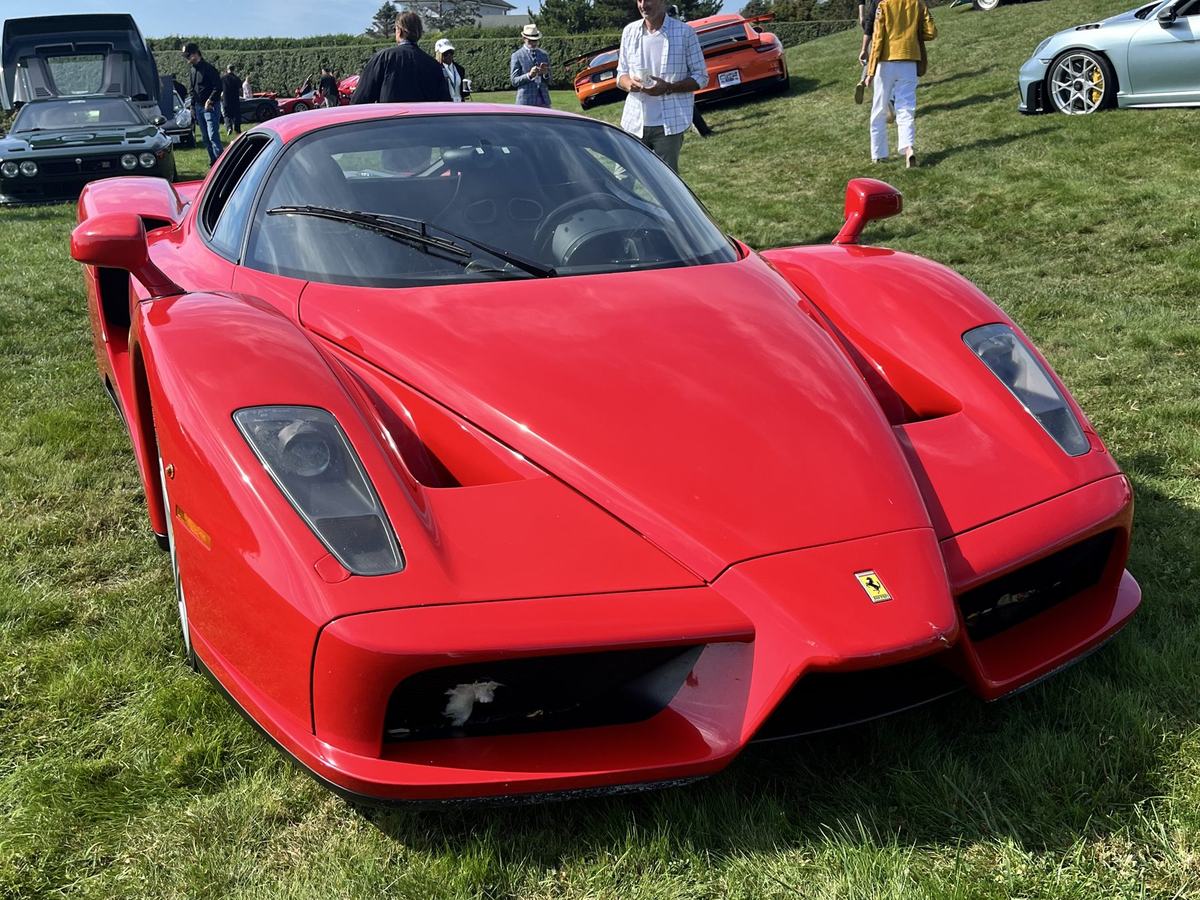A red Ferrari Enzo on the lawn at Rough Point with visitors and other cars behind it