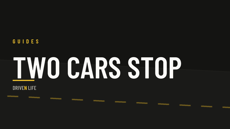 A Driven Life cover card. Large type reading Two cars stop, over a dark road graphic.